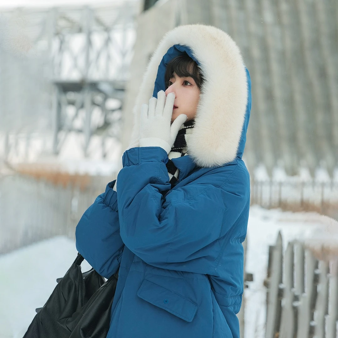 LOOMS/沉岛~羽绒服克莱因蓝90白鸭绒中长款狐狸毛领连帽冬季加厚