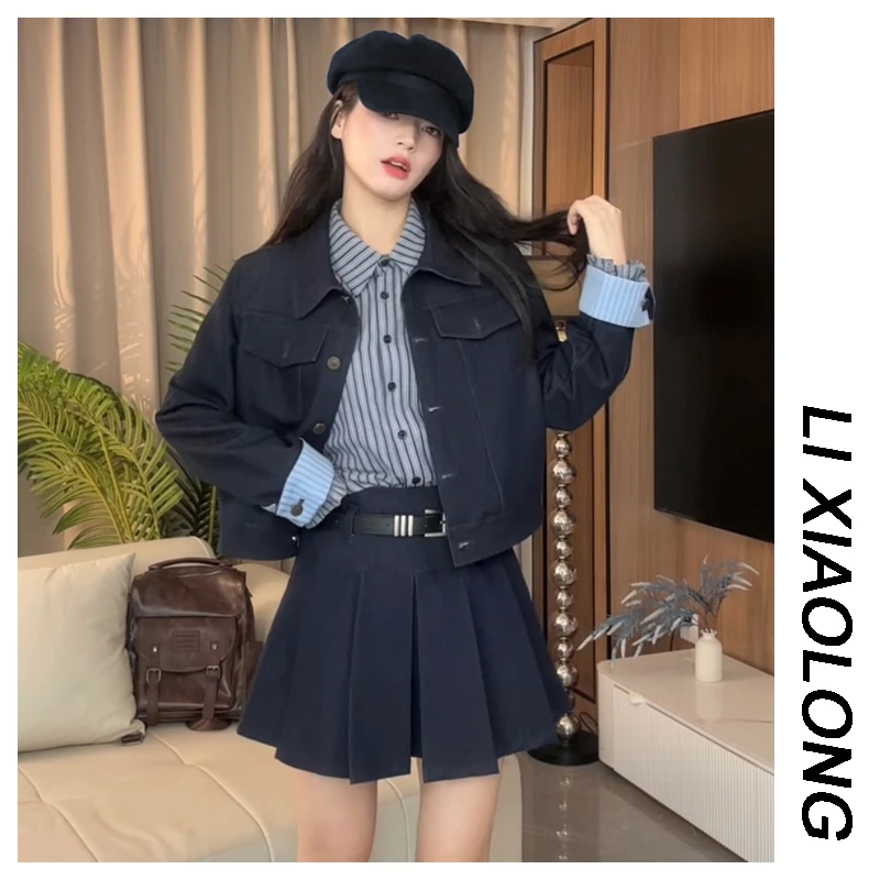 时尚牛仔外套百褶裙套装女2025年新款春秋装复古通勤两件套装