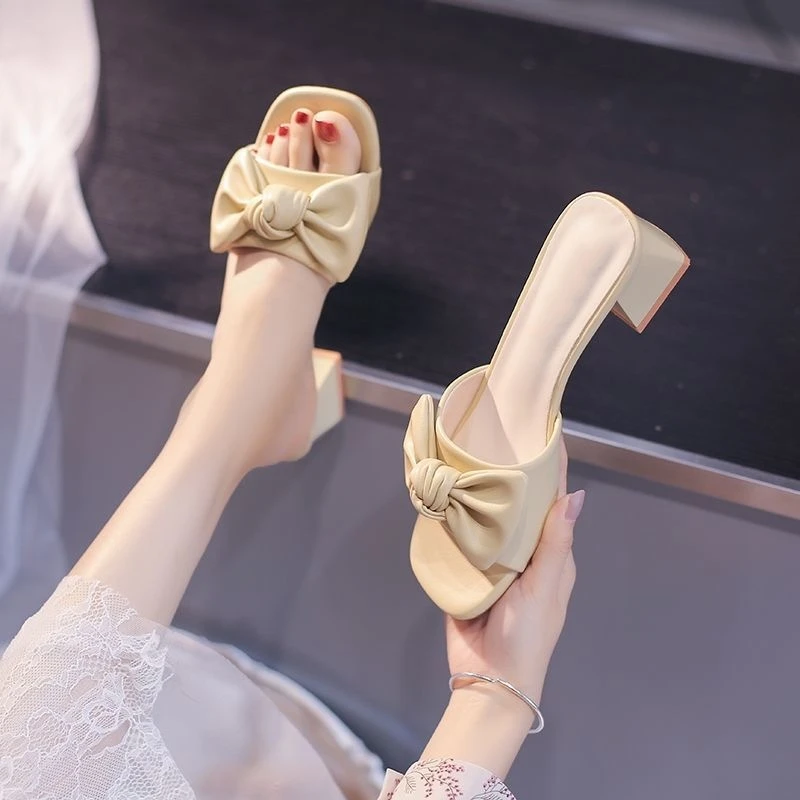 韩版粗跟拖鞋女夏外穿时尚仙女风蝴蝶结一字拖百搭中跟女士凉拖鞋