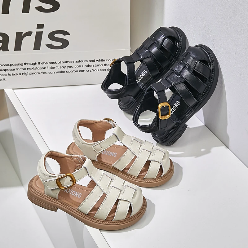 女童凉鞋2025夏季新款女孩韩版时尚真皮包头沙滩鞋轻便防滑童凉鞋