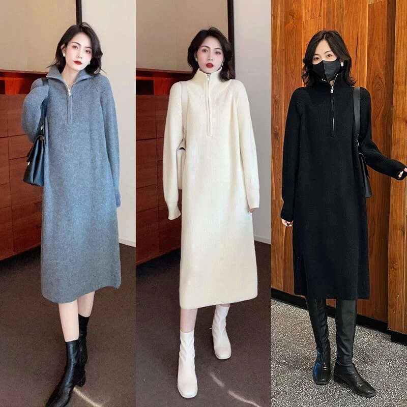 #3106半开领针织连衣裙女秋冬长袖宽松拉链内搭毛衣连衣裙过膝裙