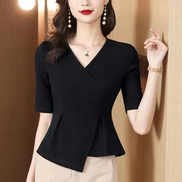 【夏季新品】轻奢V领短袖打底T恤女2023新款显瘦修身小衫