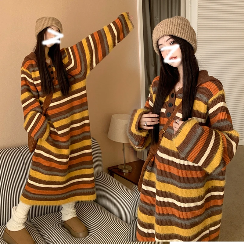 XIAObu-韩版孕妇装慵懒风宽松条纹连帽孕妇毛衣裙加厚孕妇连衣裙