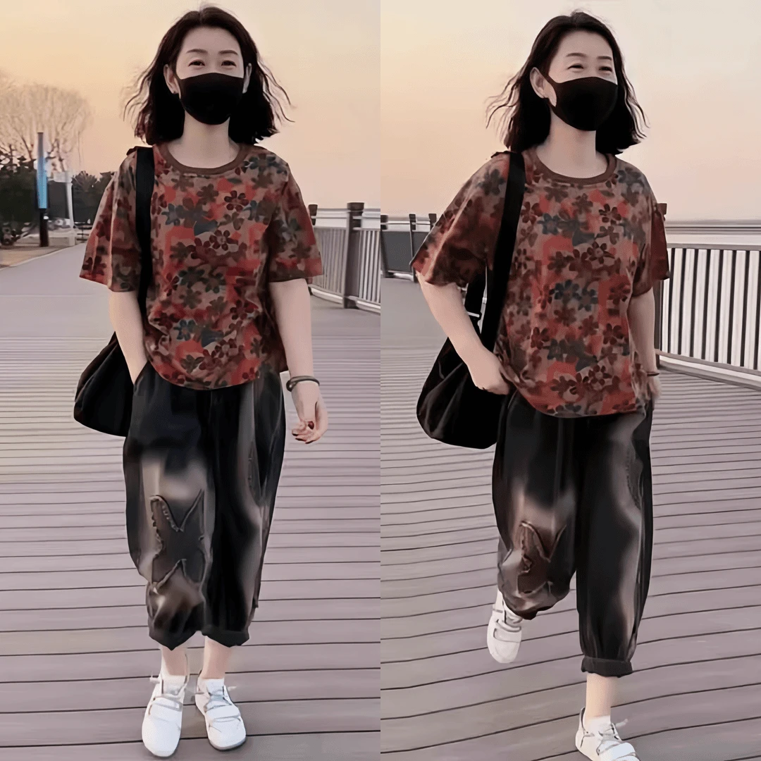 运动服套装爆款2025新款宽松洋气休闲女装复古牛仔裤气质两件套女