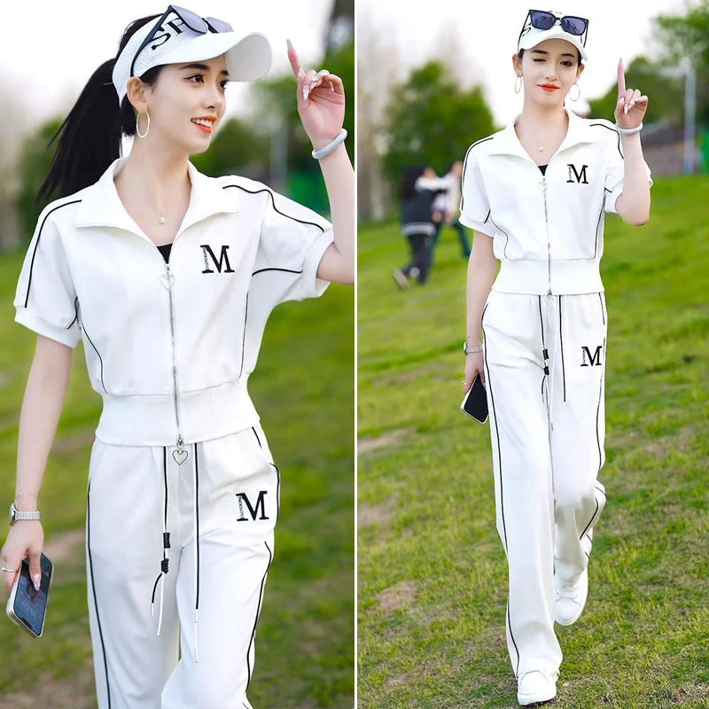 休闲夏季女装时尚短袖外套长裤套装一整套2025新款韩版宽松运动服