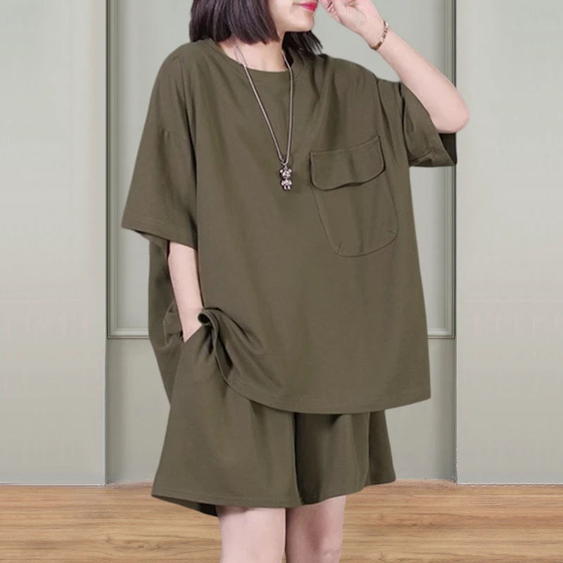 韩版宽松休闲套装2024夏季女装洋气妈妈装时尚复古T恤短裤两件套