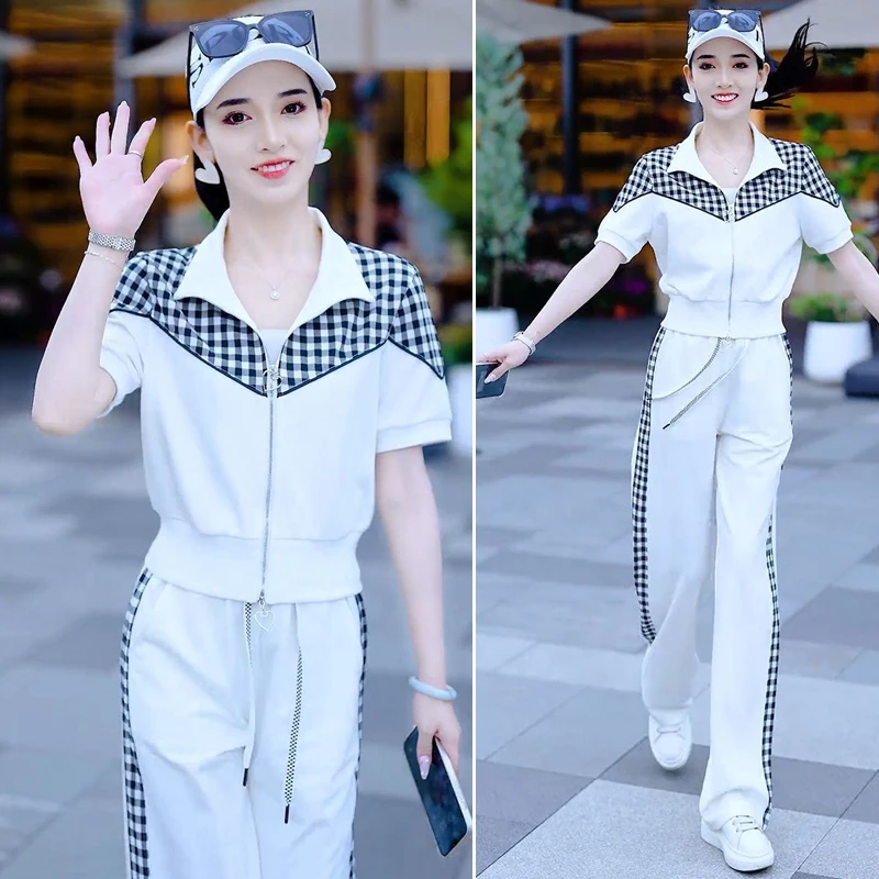 高档次休闲时尚套装夏季女装2025新款洋气减龄短袖外套长裤两件套