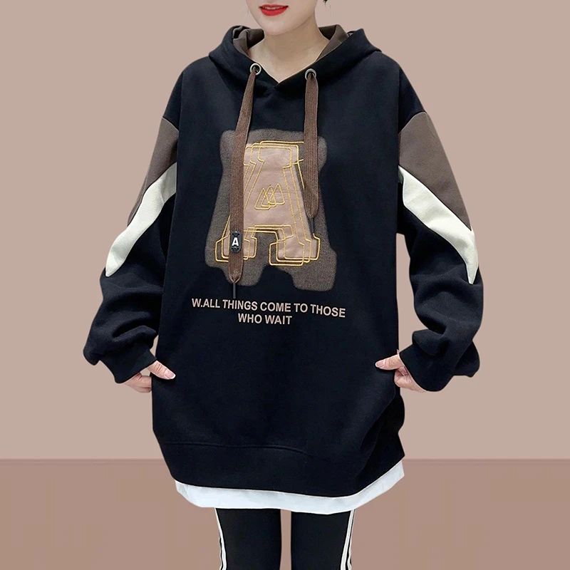 韩版流行女装2025秋季宽松大码连帽卫衣休闲时尚拼色字母印花上衣