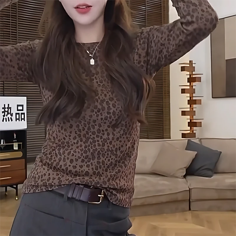 复古豹纹长袖女上衣2025新款秋季女装打底衫女内搭高级感洋气T恤