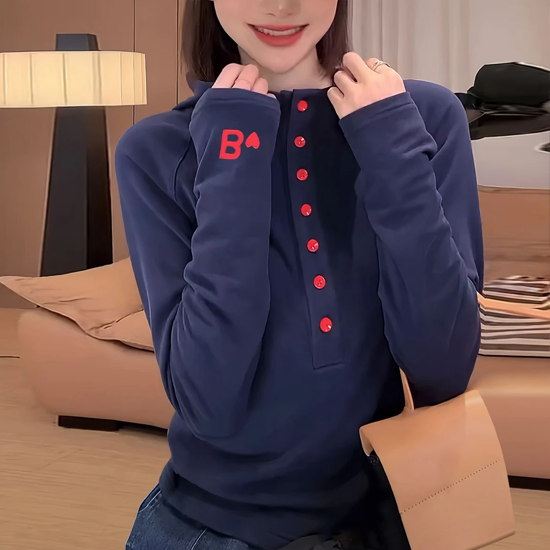 修身显瘦早秋薄款上衣爆款2025新款时尚上档次绣花纽扣长袖t恤女