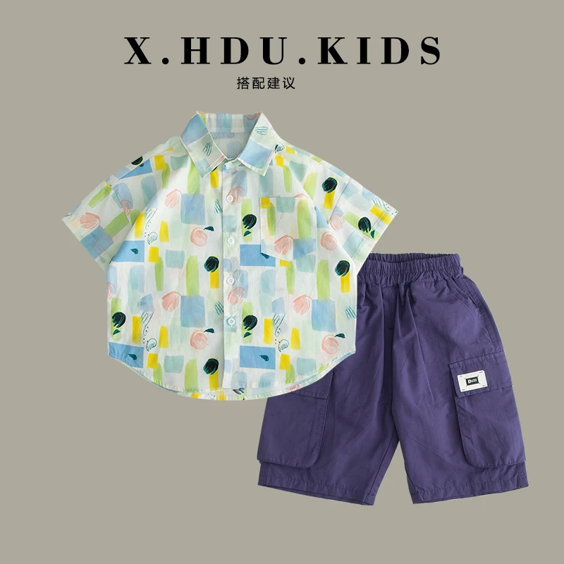 【清仓 】儿童衬衫男童短袖衬衣中小童夏季薄款纯棉上衣印花夏装潮