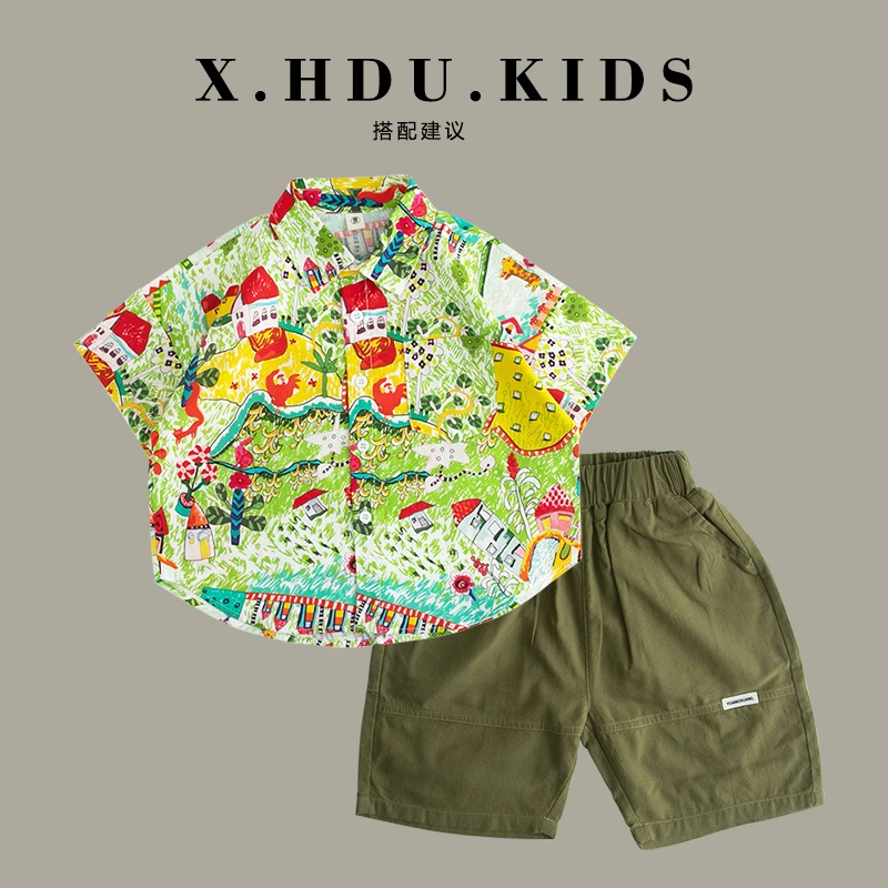 【小护犊】儿童衬衫男童女童短袖花衬衣中小童夏季薄款纯棉宽松上衣