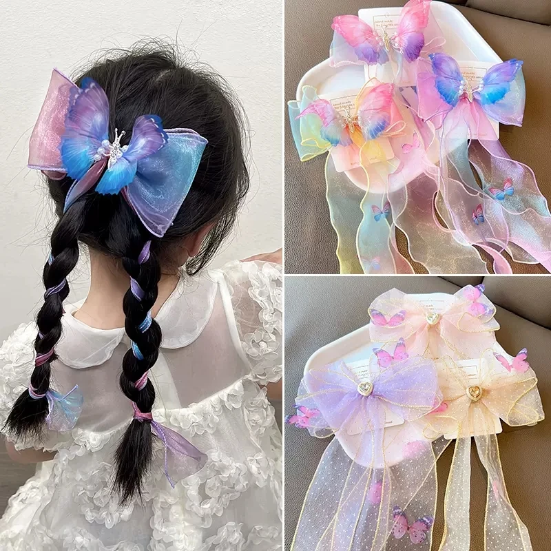 儿童蝴蝶结头饰小女孩飘带发夹公主编发2023新款头花发饰夏季饰品