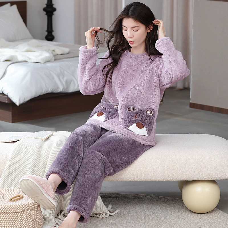 冬季加绒加厚长毛绒法兰绒珊瑚绒圆领保暖甜美宽松套装睡衣家居服