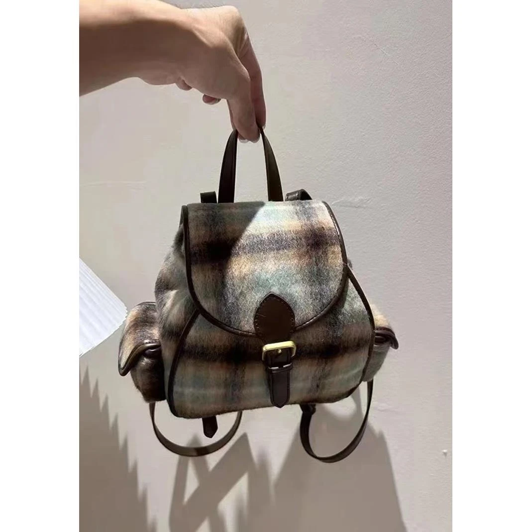 韩版秋冬新款毛呢复古双肩包女包潮2024新款学生百搭背包手提包女