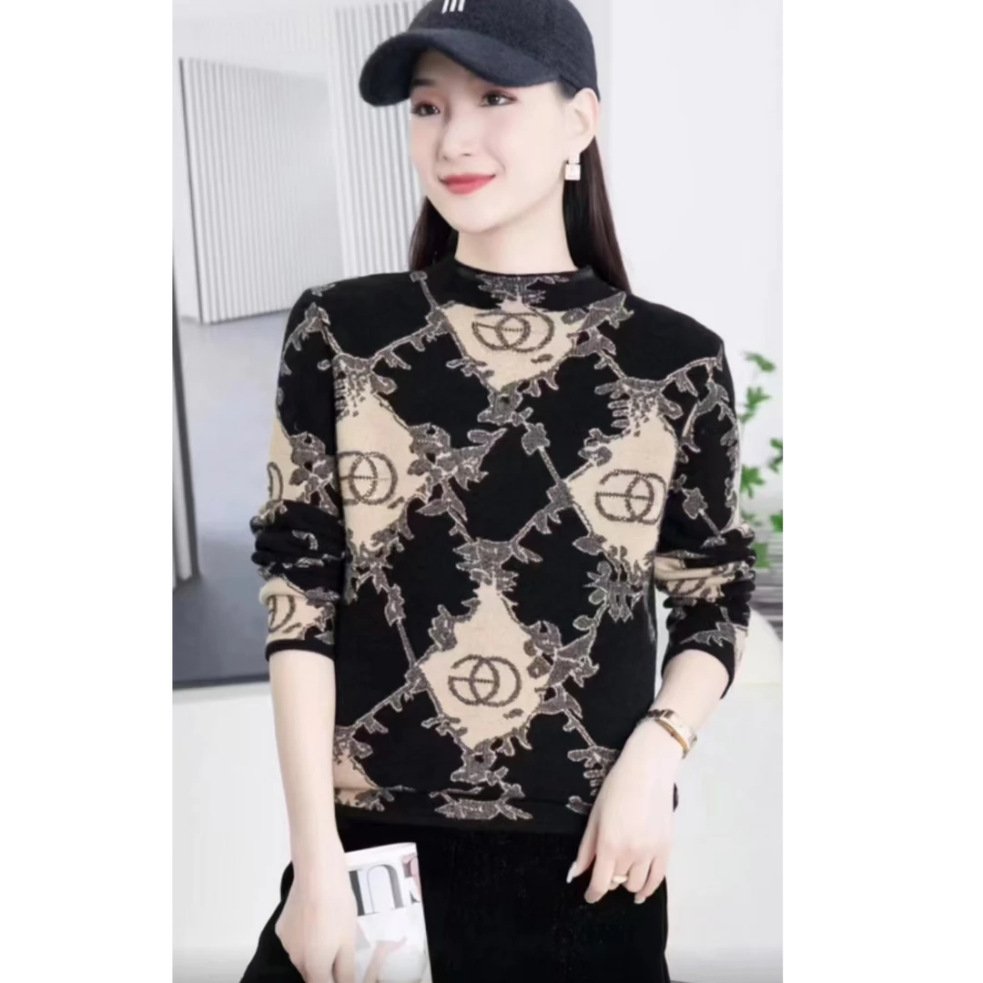 秋冬网红新款时尚百搭洋气修身半高领保暖长袖印花女针织衫印花