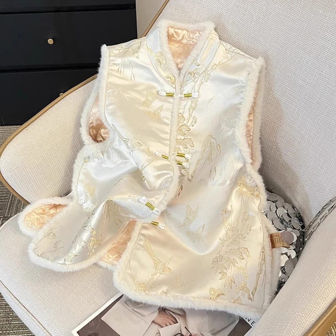 “山水提花”加棉马甲秋冬新中式立领加厚女百搭重工马夹