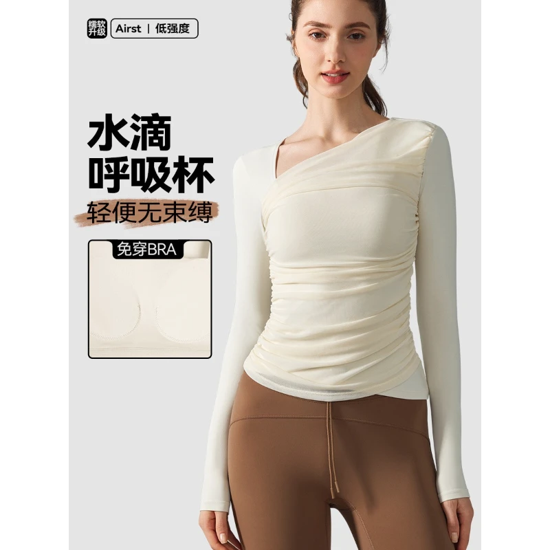斜领瑜伽长袖T恤女网纱拼接带胸垫运动上衣时尚显瘦健身上衣