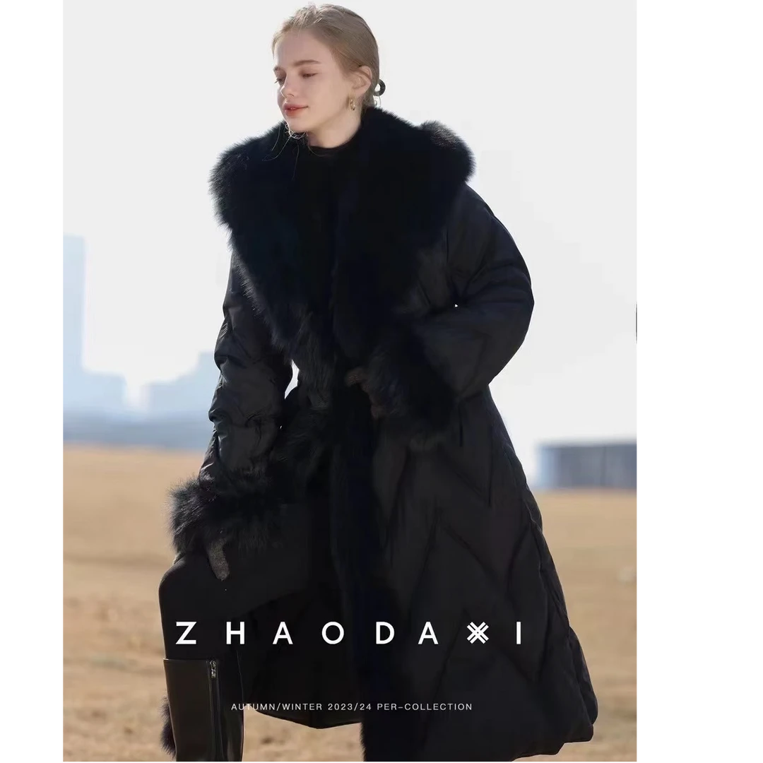 新款冬季欧货袖口毛长款鹅绒超大毛领羽绒服