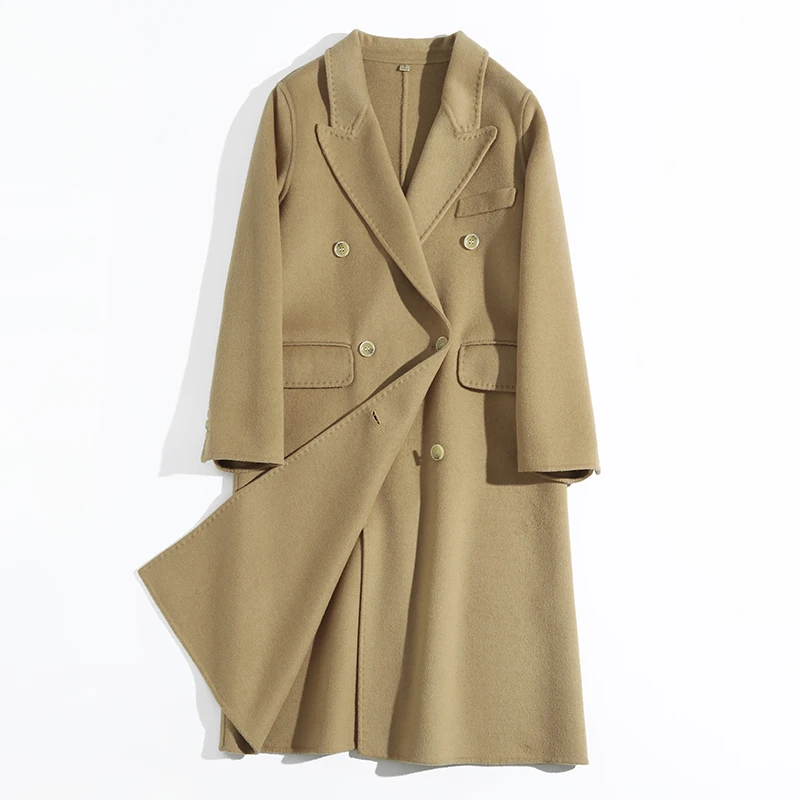 秋冬时尚双排扣手工羊毛大衣女士中长款双面羊毛呢外套百搭纯色