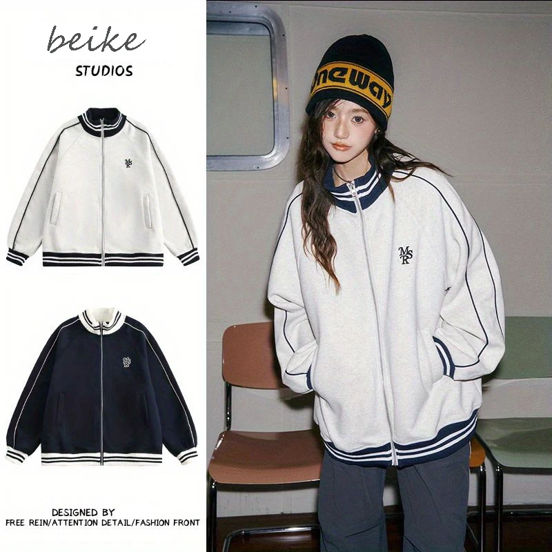 棒球服早秋外套男女同款学院风美式立领卫衣休闲宽松慵懒夹克上衣