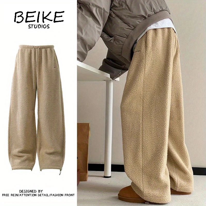 日系慵懒风摇粒绒裤子男女冬季宽松直筒裤加绒加厚棉裤阔腿休闲裤