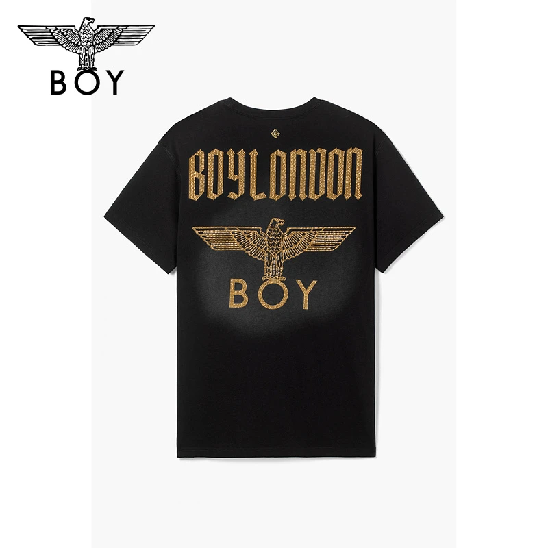 BOYLONDON潮牌短袖情侣款春夏新品金色老鹰烫钻黑色休闲T恤N01038