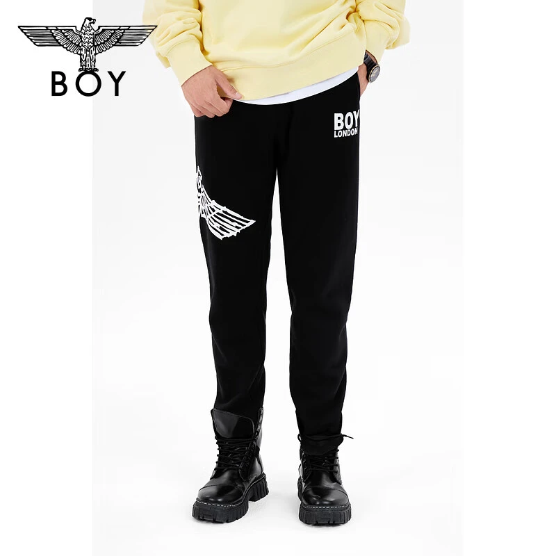 BOYLONDON 男女同款高级品牌设计感白色鹰标印花经典限定针织长裤