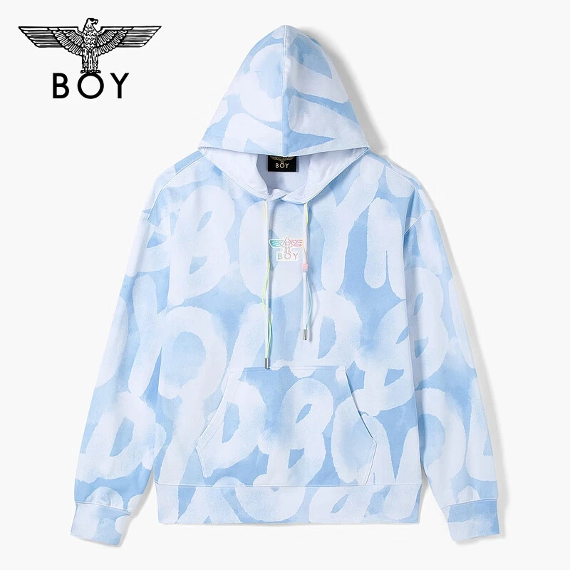 BOYLONDON潮牌男女款春夏季新款字母满印设计蓝色连帽卫衣 N04001