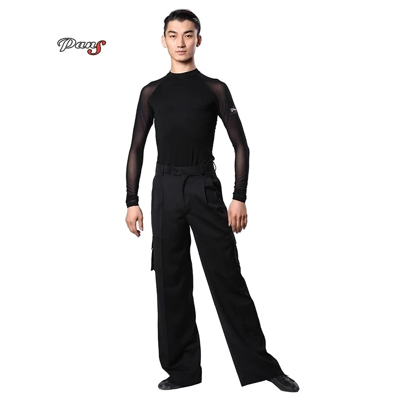 潘氏舞服拉丁舞男上衣摩登训练服T恤练习服叉肩袖套头衫小领口