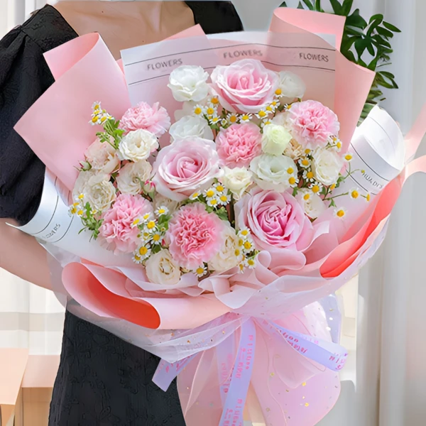 只若初见【3枝粉玫瑰5枝粉康】混搭生日花束送妈妈送长辈生日季祝福生日节日鲜花花束鲜花订购同城配送HC