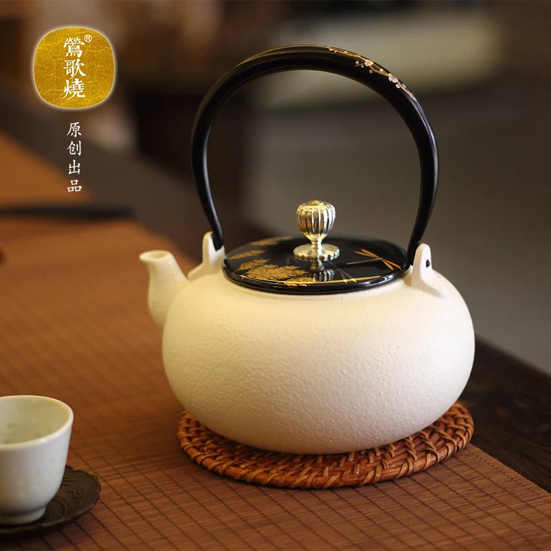莺歌烧雪花釉柿型陶壶手工白陶泥茶壶儒雅电陶炉煮茶壶煮水提梁壶