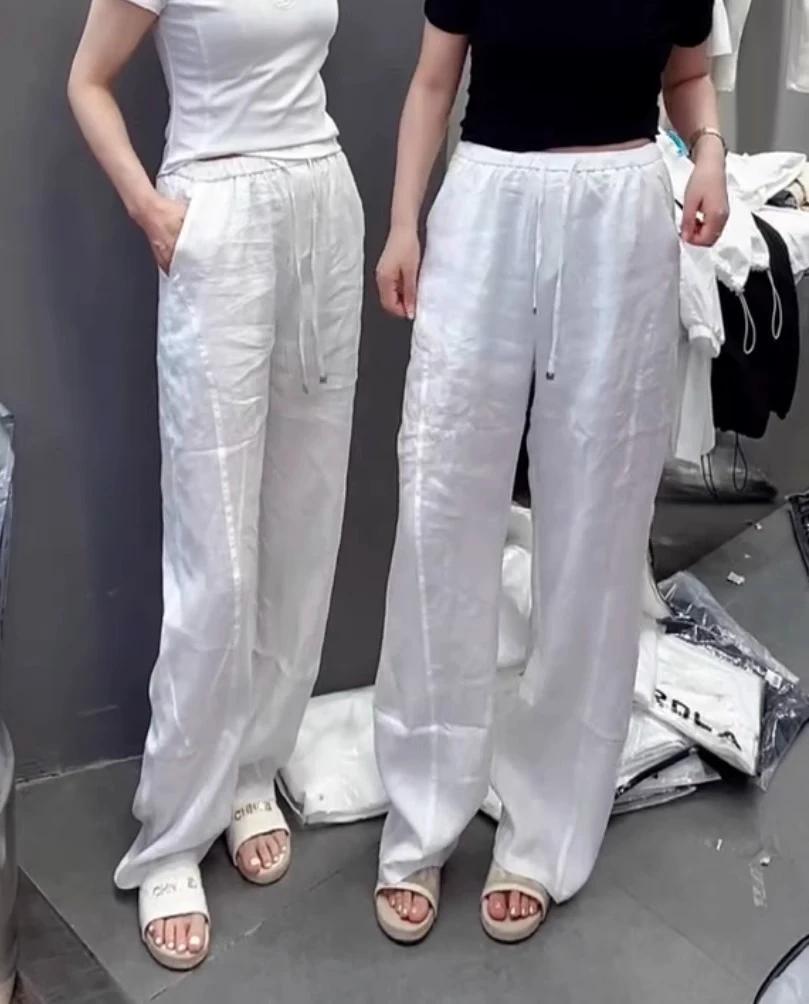 高腰显瘦窄版直筒阔腿裤女2025夏季薄款透气休闲麻裤垂感拖地长裤