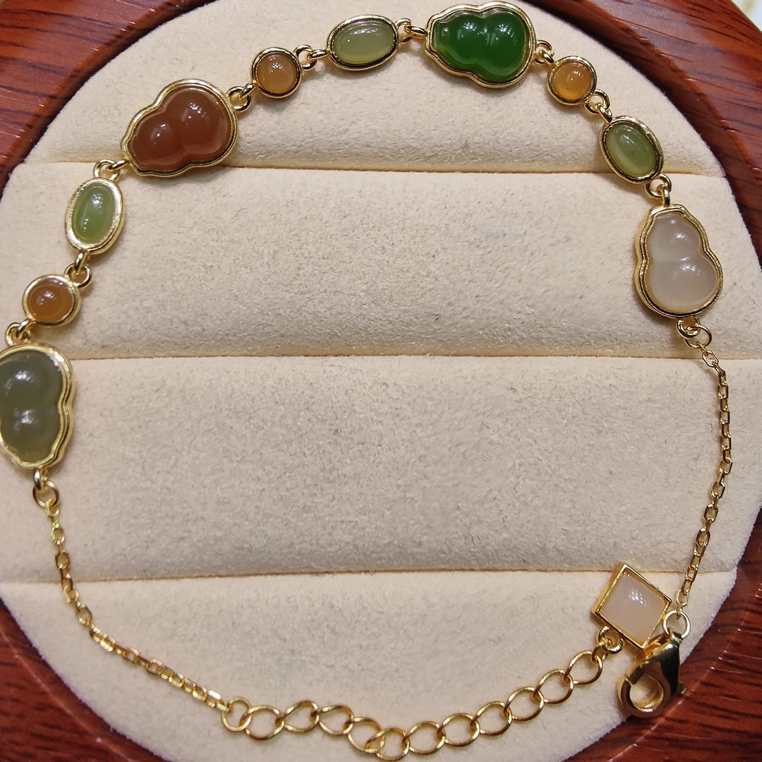 s925银镀金和田玉多宝葫芦手链