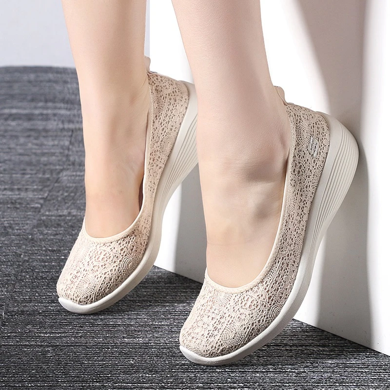 Skechers斯凯奇健步鞋女鞋2025新款蕾丝网面轻便浅口一脚穿休闲鞋