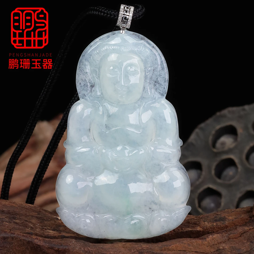 18K金扣头天然翡翠A货飘绿冰种正装观音吊坠B1009多样性发其一