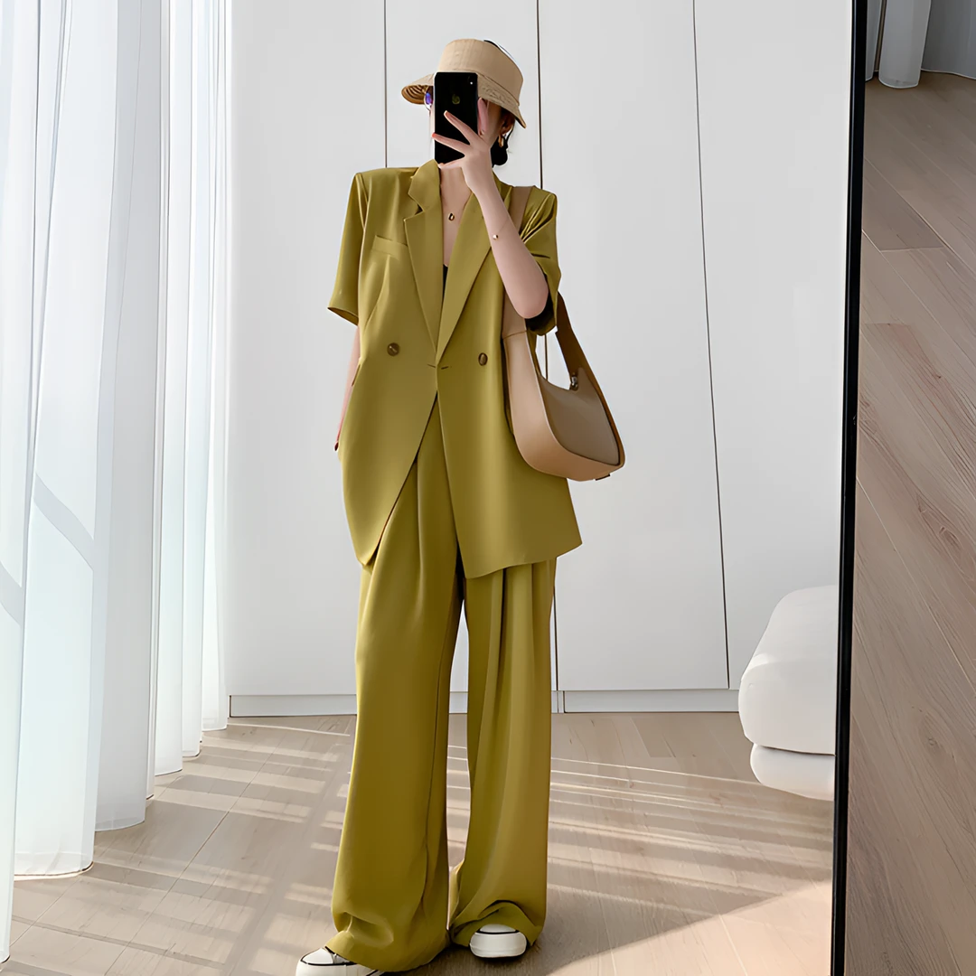 夏季薄款新款大码女装微胖mm两件套短袖小西装阔腿裤外套显瘦套装