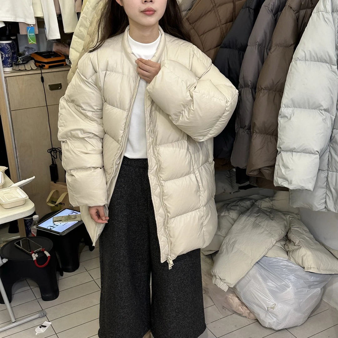 韩系立领羽绒服女冬季2024新款设计感小众中长款宽松保暖羽绒外套