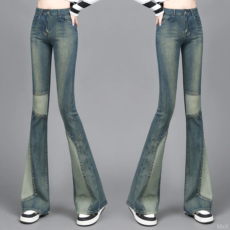 微喇美式春秋季设计拼接马蹄新款牛仔裤长裤高腰复古秋季喇叭裤