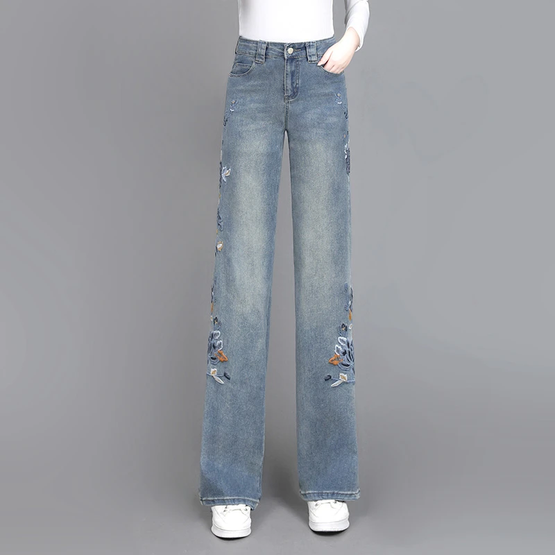 新中式国风牛仔裤女秋季2024新款爆款宽松显瘦直筒裤刺绣阔腿裤潮