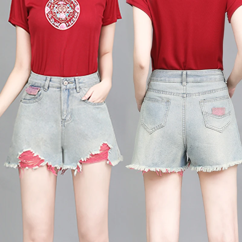 辣妹高腰2024破洞夏季新款宽松牛仔短裤显瘦粉色毛边阔腿裤子热裤
