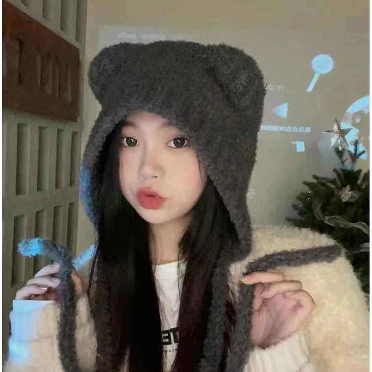 可爱小熊毛毛毛绒女冬加绒可系带帽子女生显脸小护耳帽保暖针织帽
