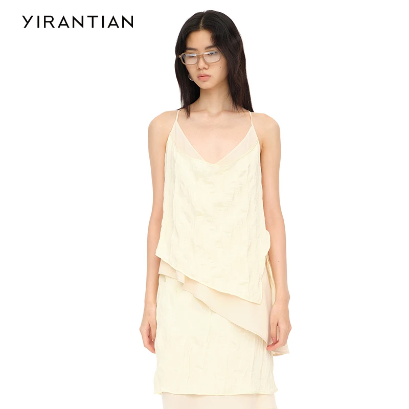 【YIRANTIAN】2024夏季新款休闲简约不对称双层斜摆吊带上衣女