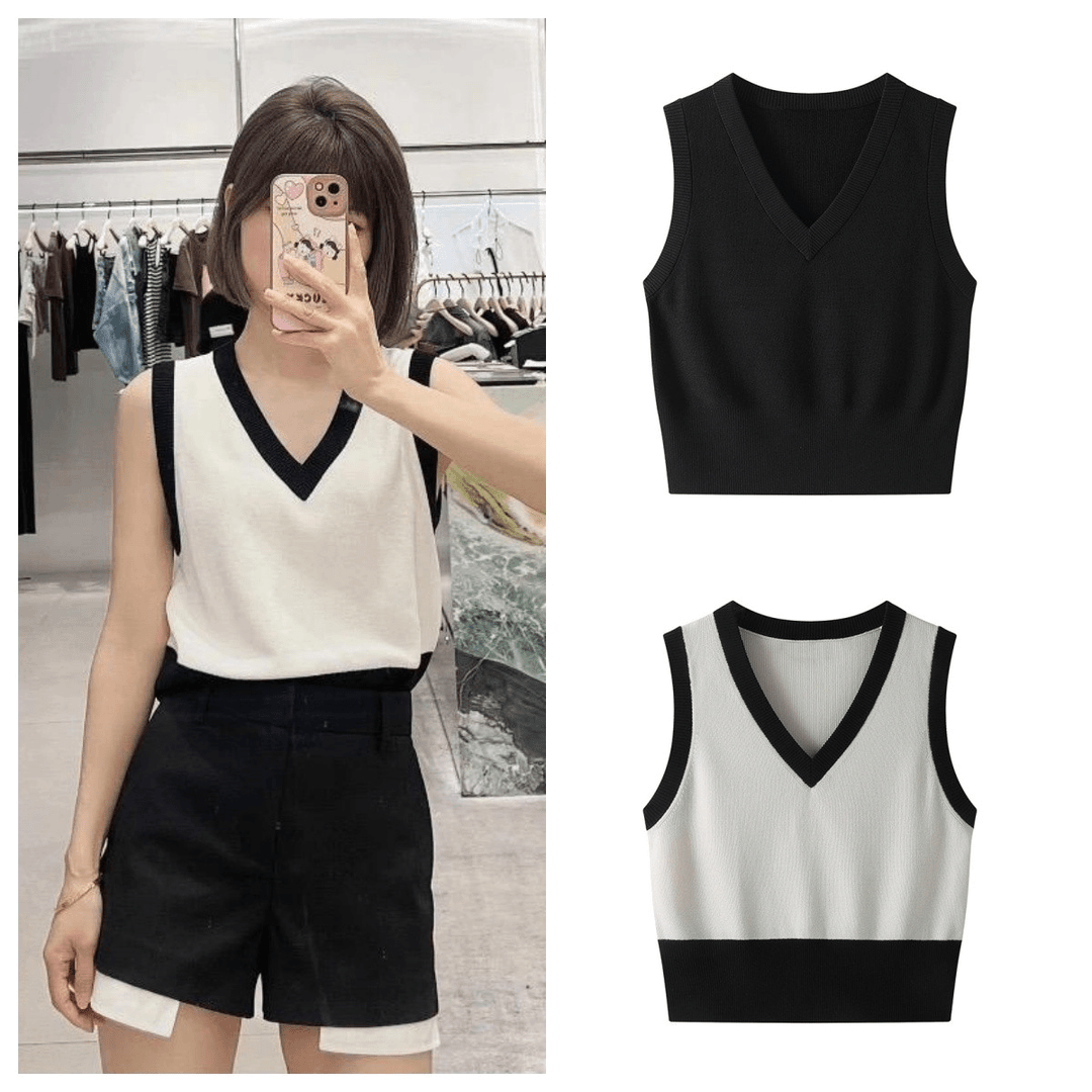 【343】｜M｜新品V领短款兜量立裁薄款针织衫背心女