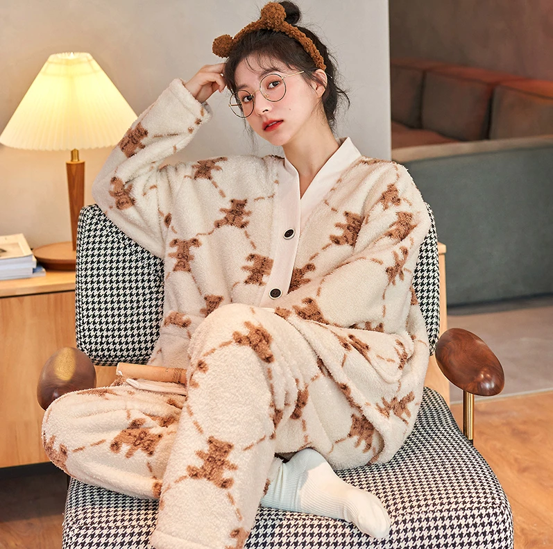 秋冬季加绒加厚新款睡衣女甜美时尚冬季套装休闲舒适保暖家居服