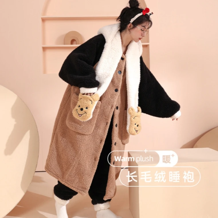 秋冬季连帽家居服长袖舒适保暖睡衣可外穿女士袍套套装卡通冬款