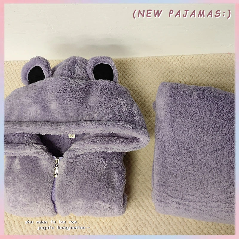 连帽秋冬季加绒加厚家居服长袖舒适简约保暖睡衣可外穿女士套装