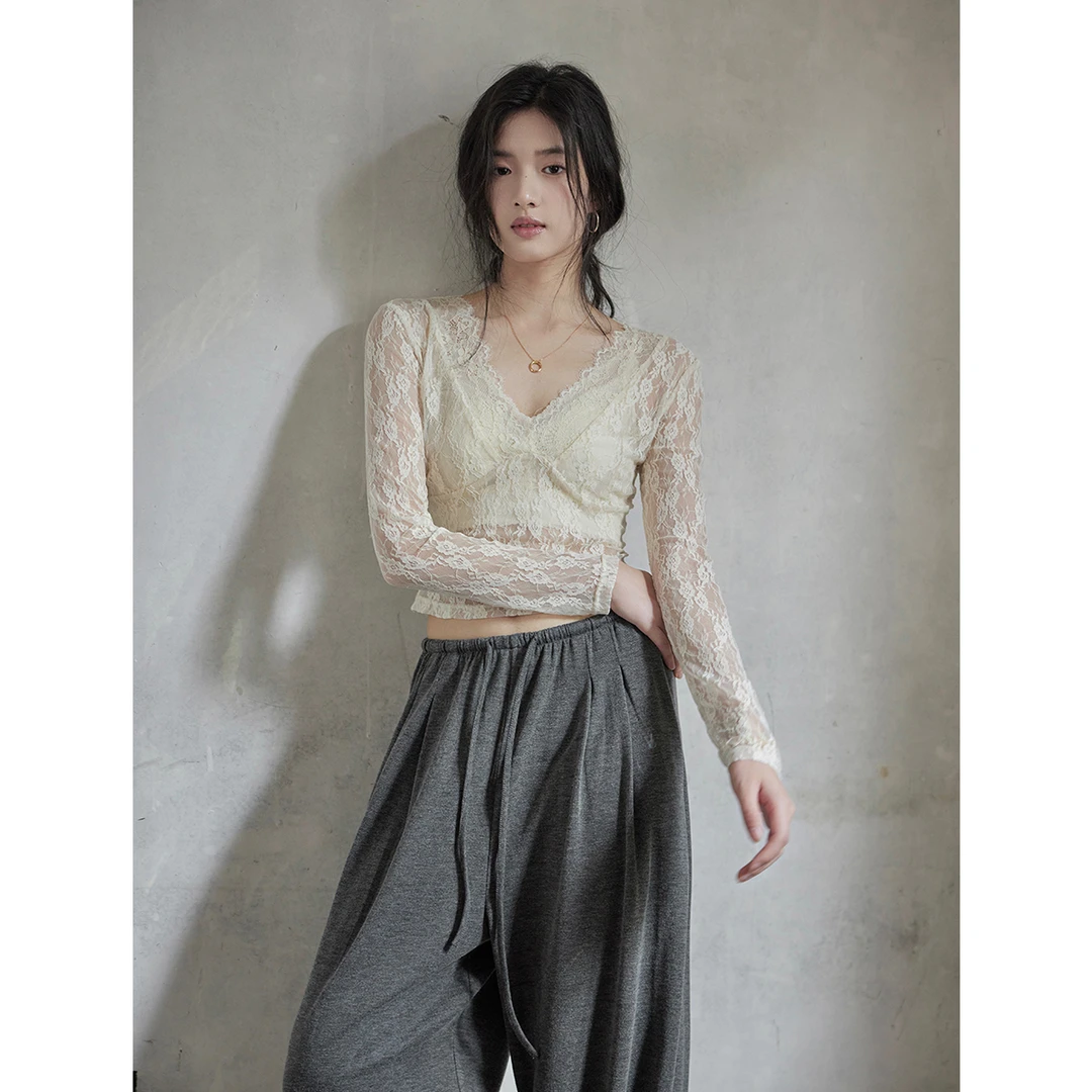 贰羊设计【花未央】国风新中式高弹蕾丝复古纯欲长袖上衣打底衣女