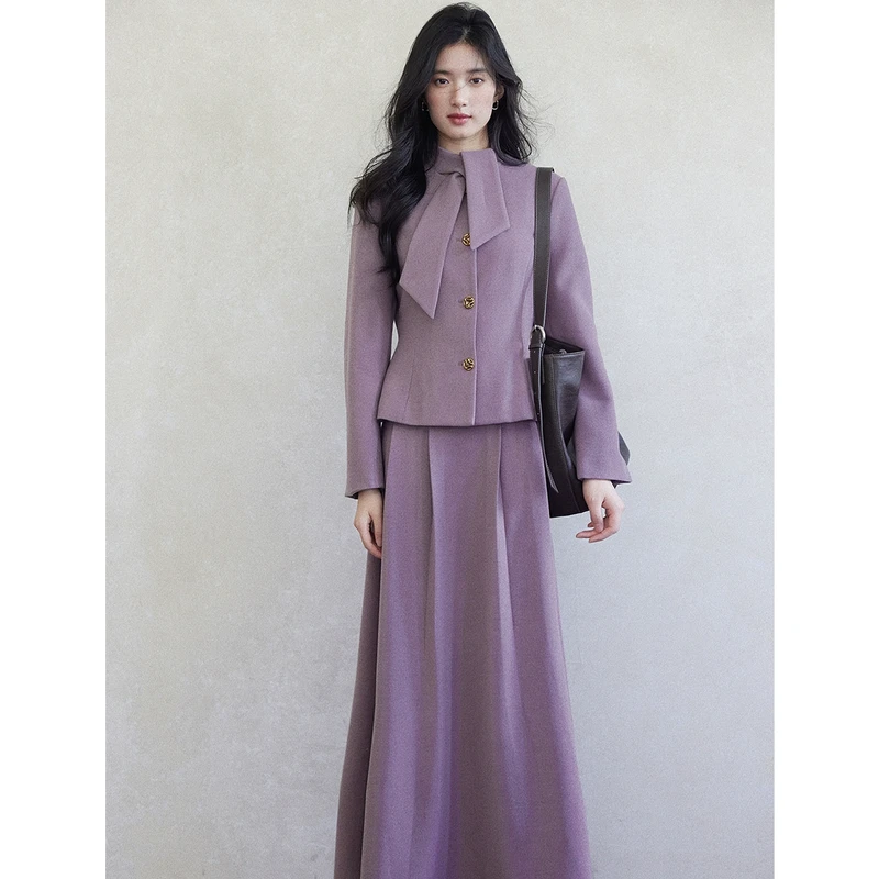 贰羊设计【南星】复古气质通勤赫本风系带领结上衣半裙两件套装女