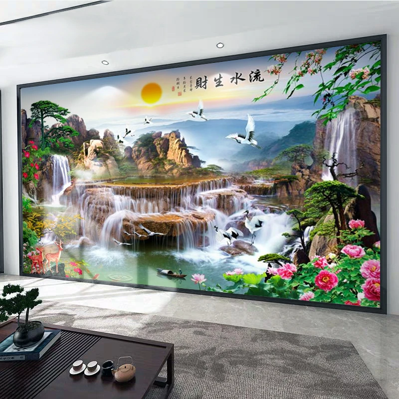 中式电视墙背景墙布流水生财客厅沙发山水画影视墙壁布8d立体壁画